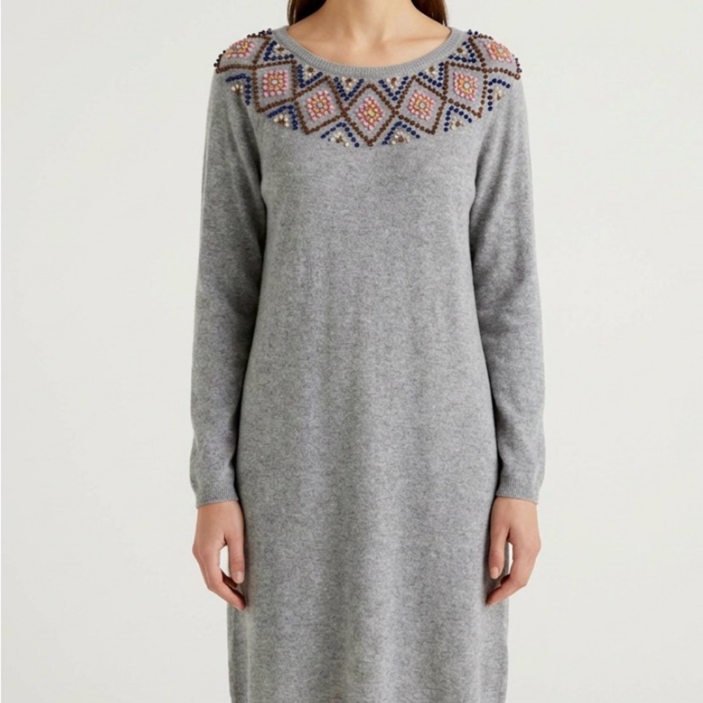 Boden Cashmere/Cotton Gray Long Sleeve Dress with Embellishments